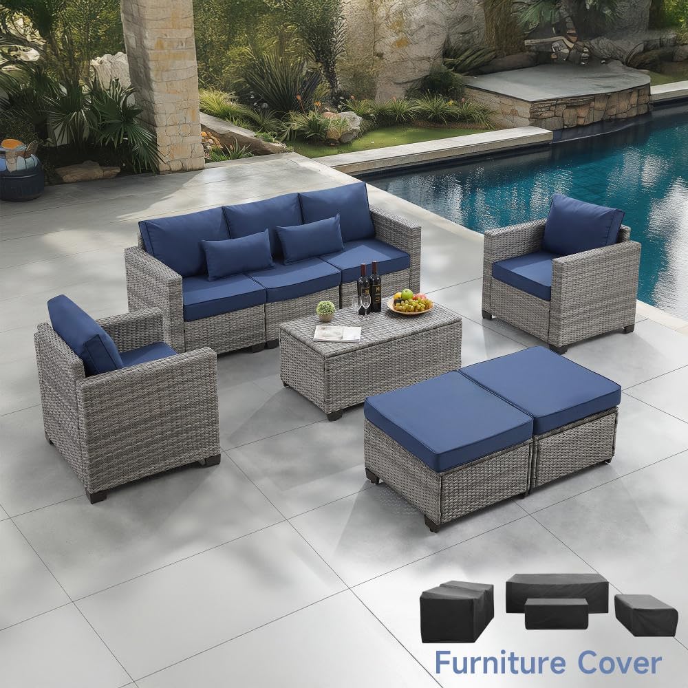 6 Pieces Outdoor Patio Furniture Sets with Furniture Cover, PE Rattan Wicker Patio Conversation Set with Tea Table (Peacock Blue, Rattan Storage Table)