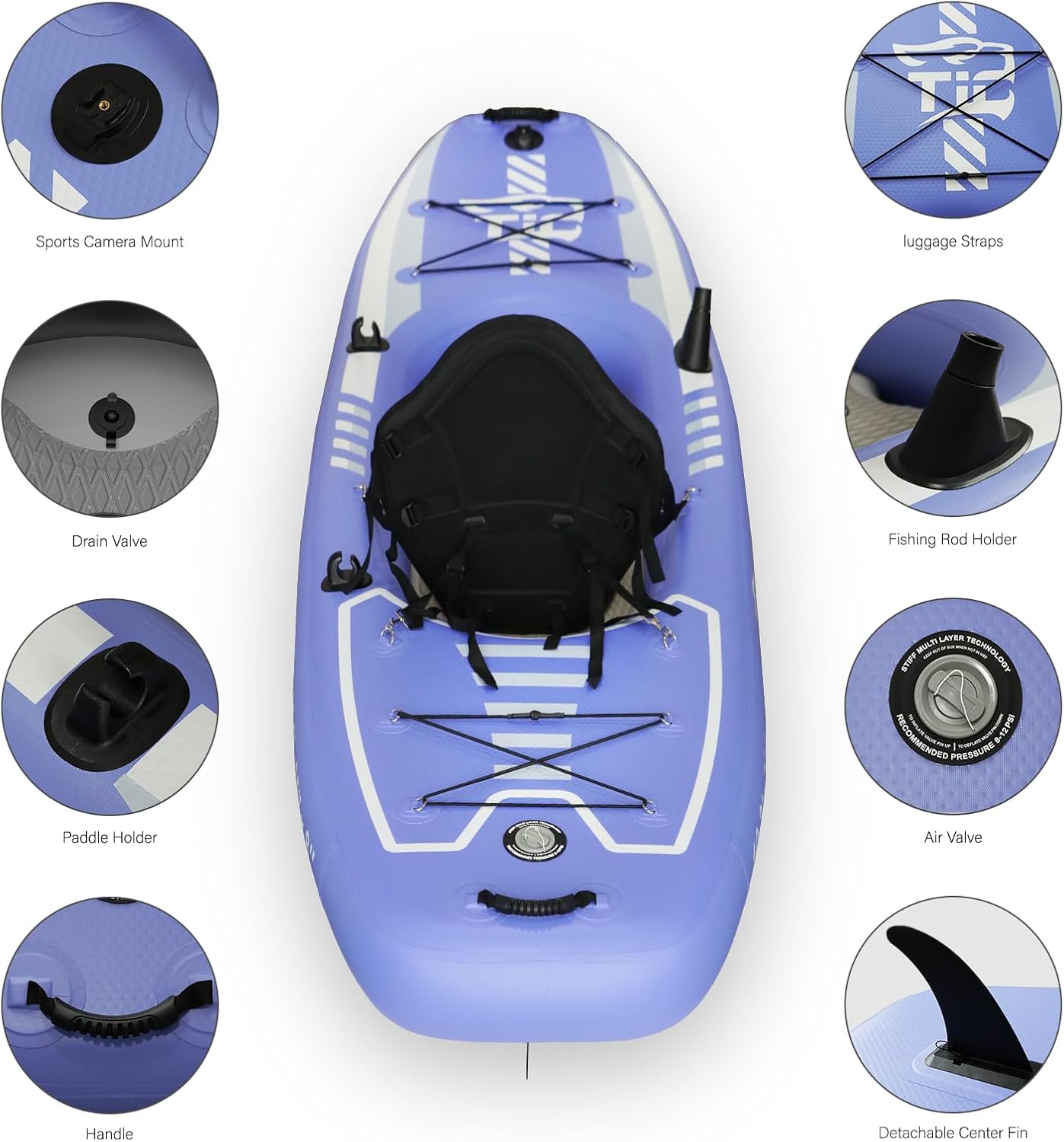 10.2 feet x 35 inches x 8 inches inflatable kayak, with detachable seat. SUP kayak set includes manual pump/aluminum paddle/backpack. Suitable for adults/children. Inflatable boat for fishing/travel - Purple