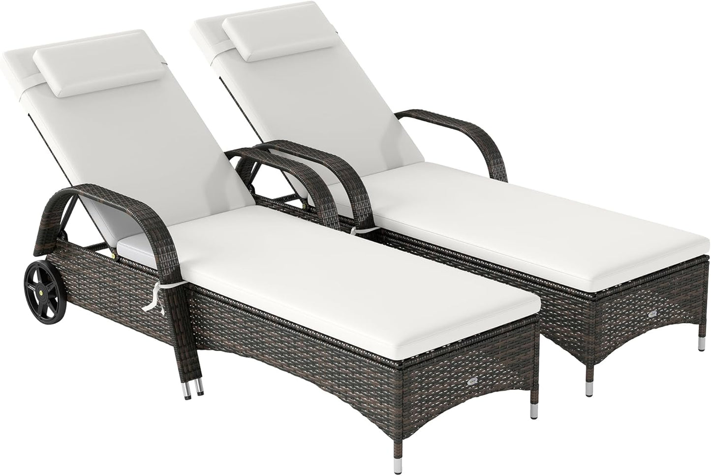 Wicker Outdoor Chaise Lounge, 5-Level Adjustable Backrest PE Rattan Pool Lounge Chair with Wheels, Cushion & Headrest, Brown and Dark Blue