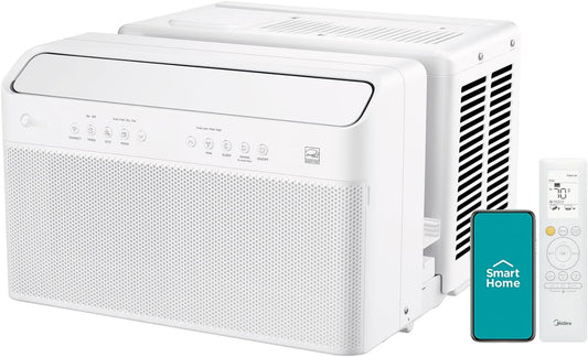 8,000 BTU U Shaped Smart Inverter Window Air Conditioner, Cools up to 350 Sq. Ft., Ultra Quiet with Open Window Flexibility, Works with Alexa/Google Assistant, 35% Energy Savings, Remote Control