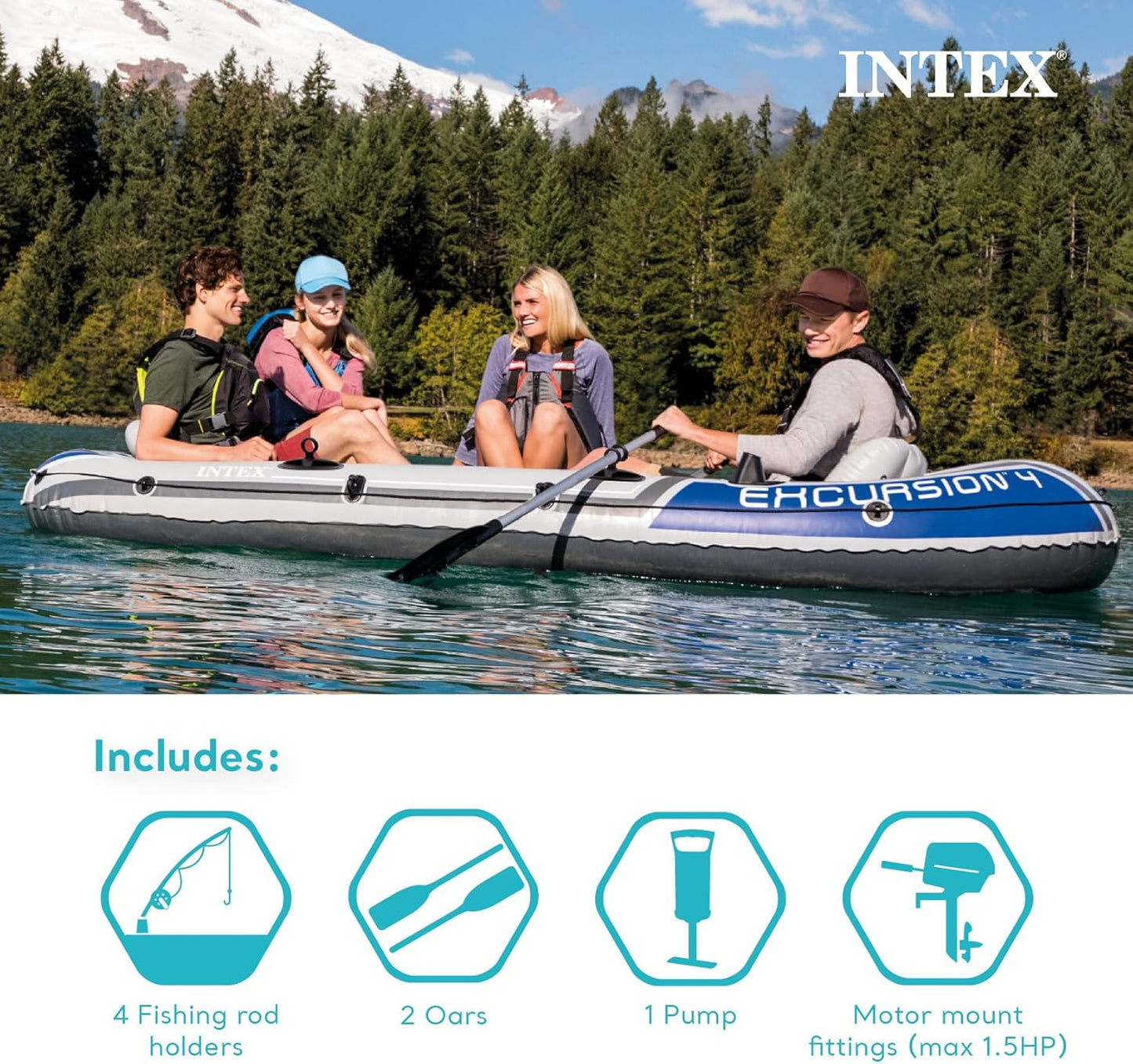 Excursion Inflatable Boat Series: Includes Deluxe 54in Boat Oars and High-Output Pump �� SuperTough PVC �� Adjustable Seats with Backrest �� Fishing Rod Holders �� Welded Oar Locks