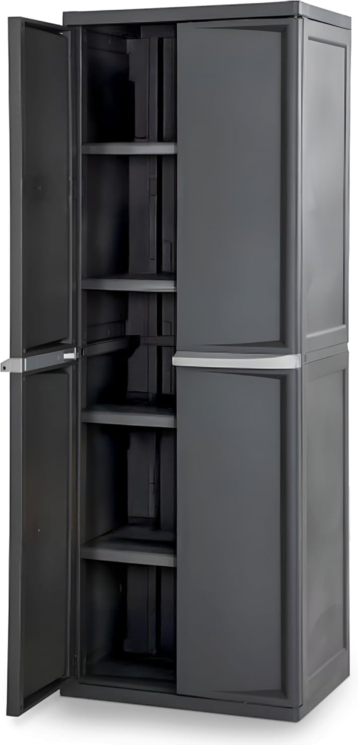 Storage Cabinet, Rugged Plastic Garage Organizer with Double Doors, 4 Adjustable Shelves, Gray
