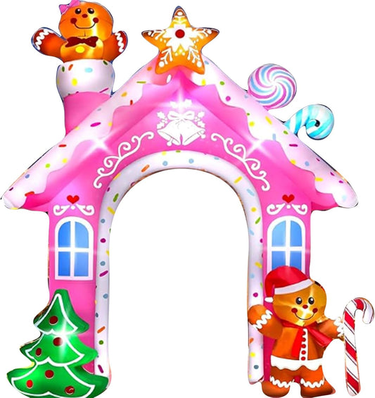 12 Foot Built-in LED Light, Large Pink Gingerbread Man Arch, Inflatable Outdoor Decoration, Santa Claus Home Decoration