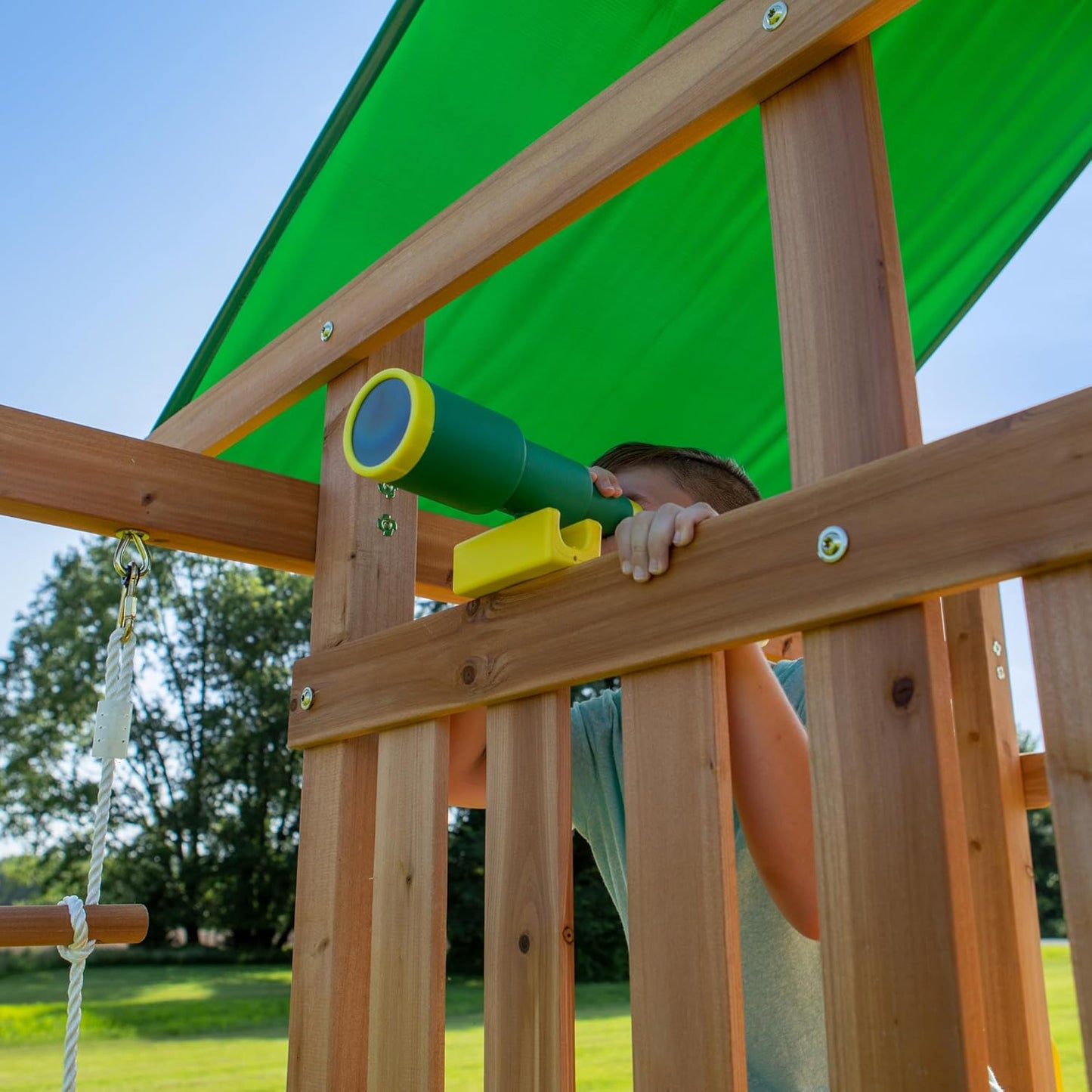 Cedar Wood Swing Set with Wave Slide, Play Deck, Double Rock Wall, Rope Ladder, Web Swing, Belt Swings, Toy Telescope, Steering Wheel, Sandbox Area, Outdoor Playset