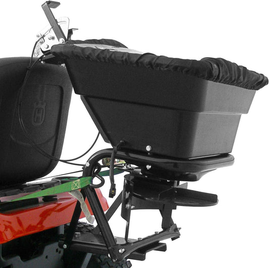 12V rear-mounted traction lawn tractor grass, seed and fertilizer spreader, with a capacity of 80 pounds and weighing 16.5 pounds