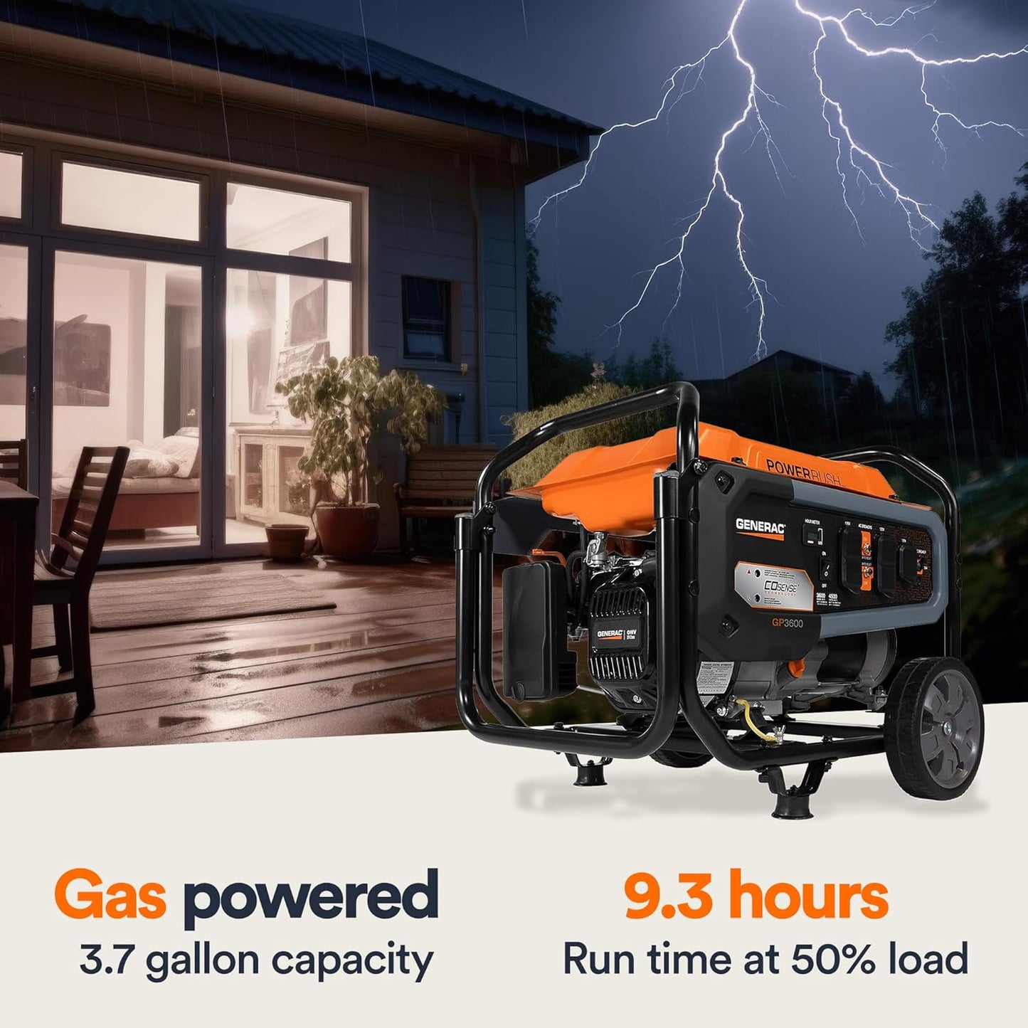 8,000-Watt Gas-Powered Portable Generator - Electric Start with COsense - PowerRush Advanced Technology - Reliable Power for Emergencies, Recreation, Home - 49 State Compliant - Orange/Black