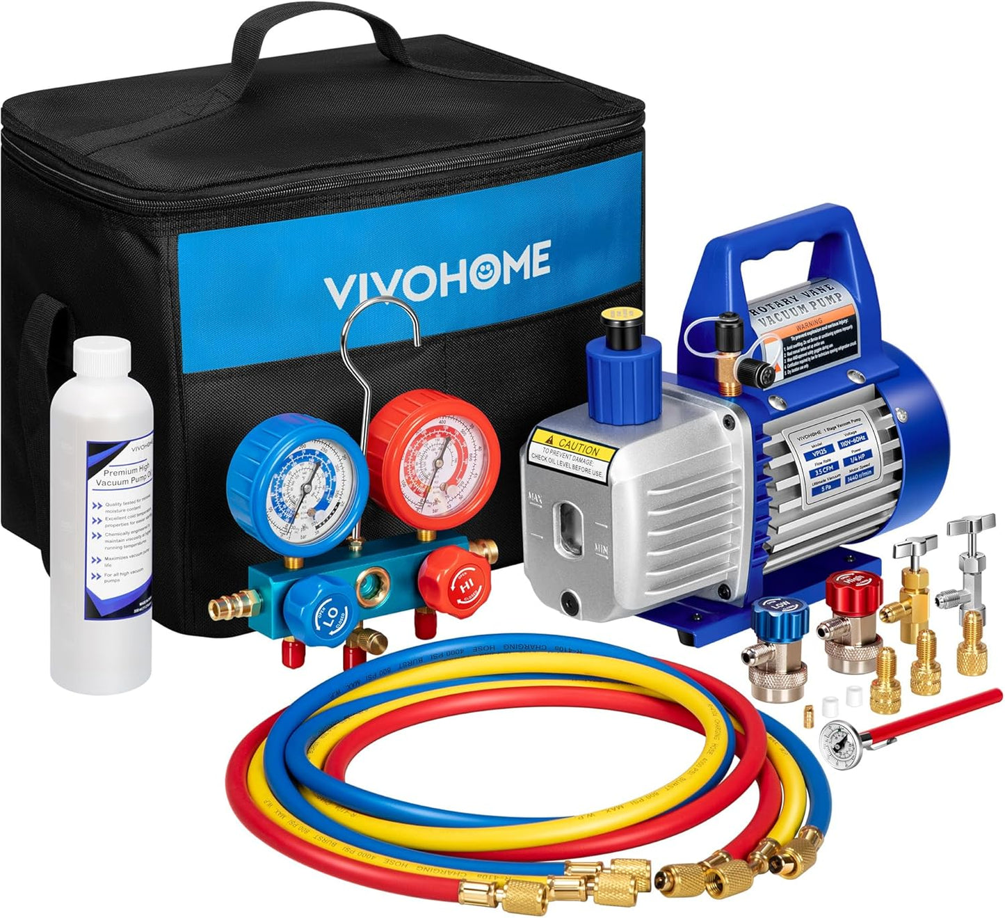 110V 1/4 HP 3.5CFM Single Stage Rotary Vane Air Vacuum Pump and AC Manifold Gauge Set Kit with Thermometer for R134a R12 R22 R502 R410a HVAC Air Conditioning Refrigeration Recharging Red