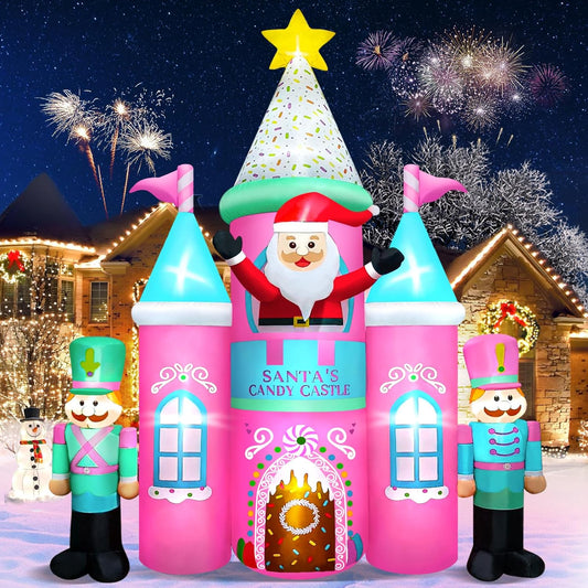 10-foot inflatable Christmas candy castle toy, equipped with Santa Claus, puppets and LED lights, suitable for decoration in gardens, lawns and flower beds.