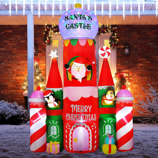 10-foot inflatable Christmas decorations for outdoor use - Candy Castle and Santa Claus, with colored LED lights, inflatable outdoor Christmas decorations, waterproof material