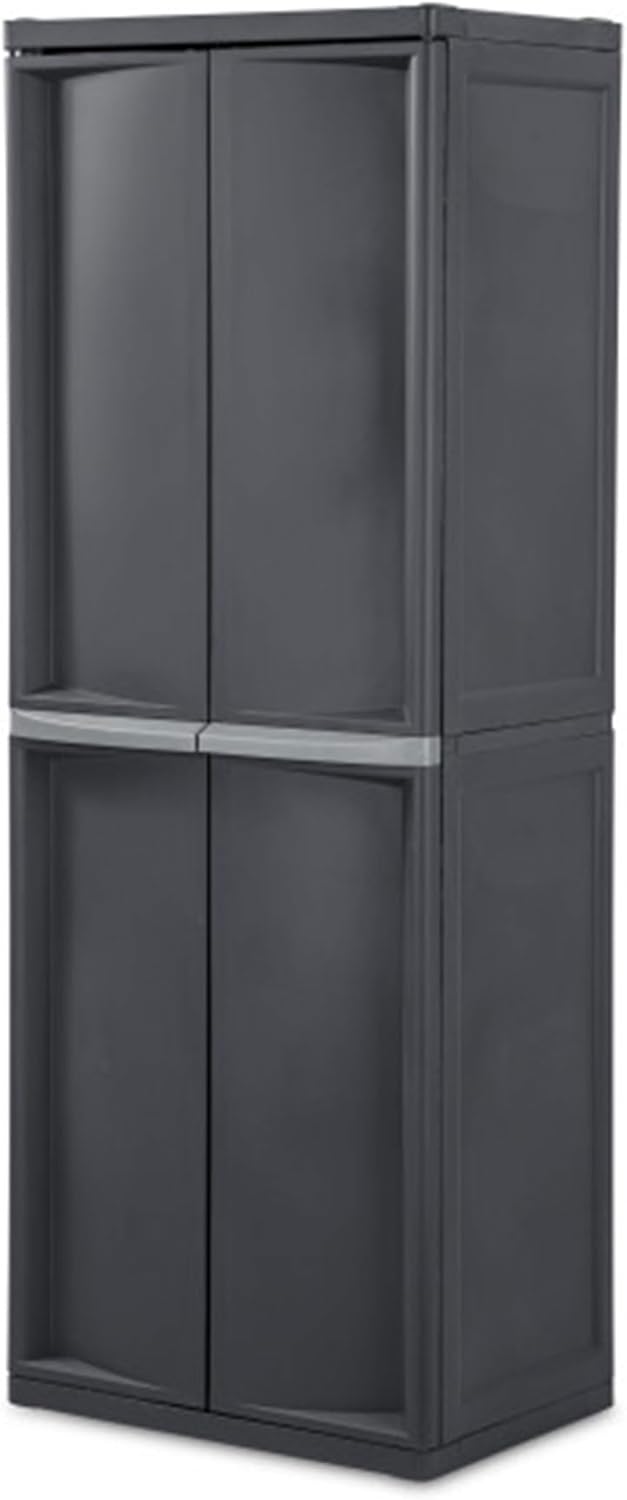 Storage Cabinet, Rugged Plastic Garage Organizer with Double Doors, 4 Adjustable Shelves, Gray
