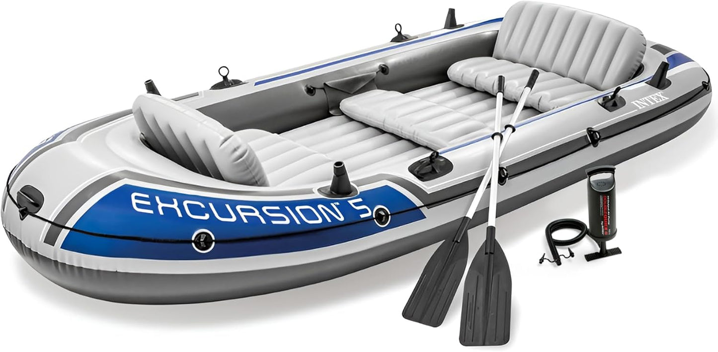 Excursion Inflatable Boat Series: Includes Deluxe 54in Boat Oars and High-Output Pump �� SuperTough PVC �� Adjustable Seats with Backrest �� Fishing Rod Holders �� Welded Oar Locks
