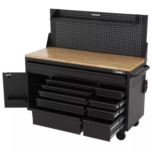 Husky 61 in. W x 26 in. D Heavy Duty 10-Drawer 1-Door Mobile Workbench with Hardwood Top