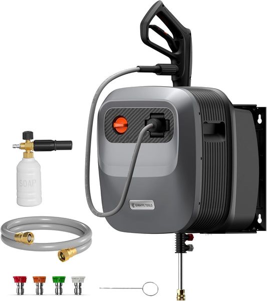 Pressure Washer G20 Pro, 2500 PSI 2.2 GPM, 180掳 Wall Mounted Power Washer, Auto-retract with 65FT Hose Reel, 5 Nozzles for Floor/Cars/Fences/Patios, Dark Silver