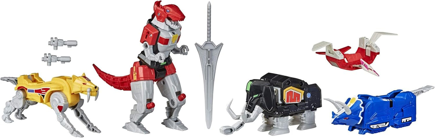 "The Mighty Warrior Battle Against the Giant Beast Set" includes 5 "MMPR Dinosaur Mecha" action figures suitable for children aged 4 and above, influenced by 90s TV shows.