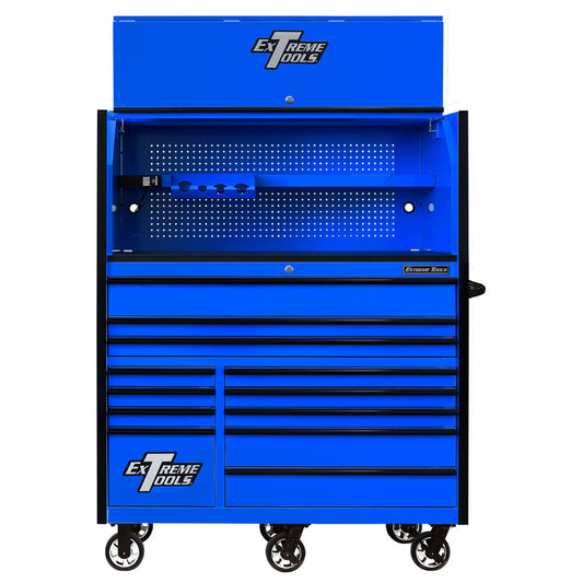 EXTREME TOOLS RX SERIES 55" 12-DRAWER ROLLER WITH HUTCH - BLUE W/BLACK DRAWER PULLS