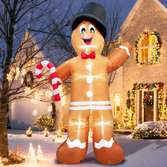 12-foot giant inflatable gingerbread man, outdoor Christmas decoration, equipped with LED lights, poles, ties and sandbags