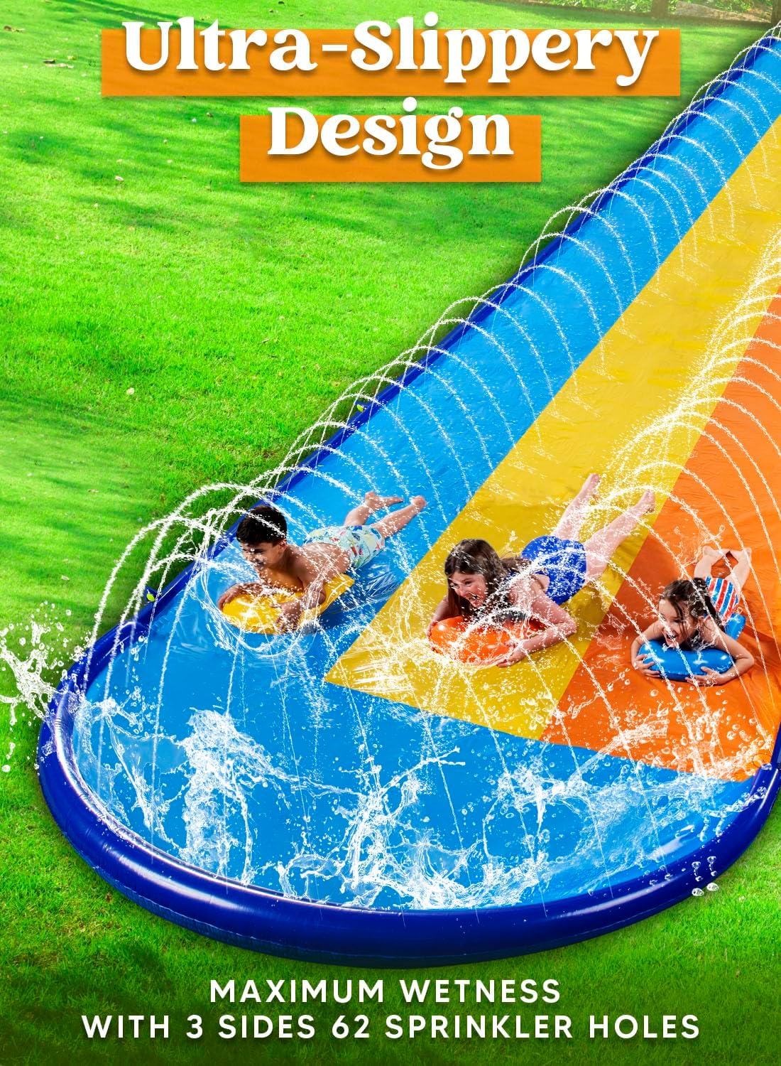 Sloosh Triple Water Slide with 3 BodyBoards, 22.5FT Lawn Water Splash Slip and Slide Summer Toy Splash Pad with Build in Advanced Sprinkler for Kids Adults Backyard Summer Water Fun