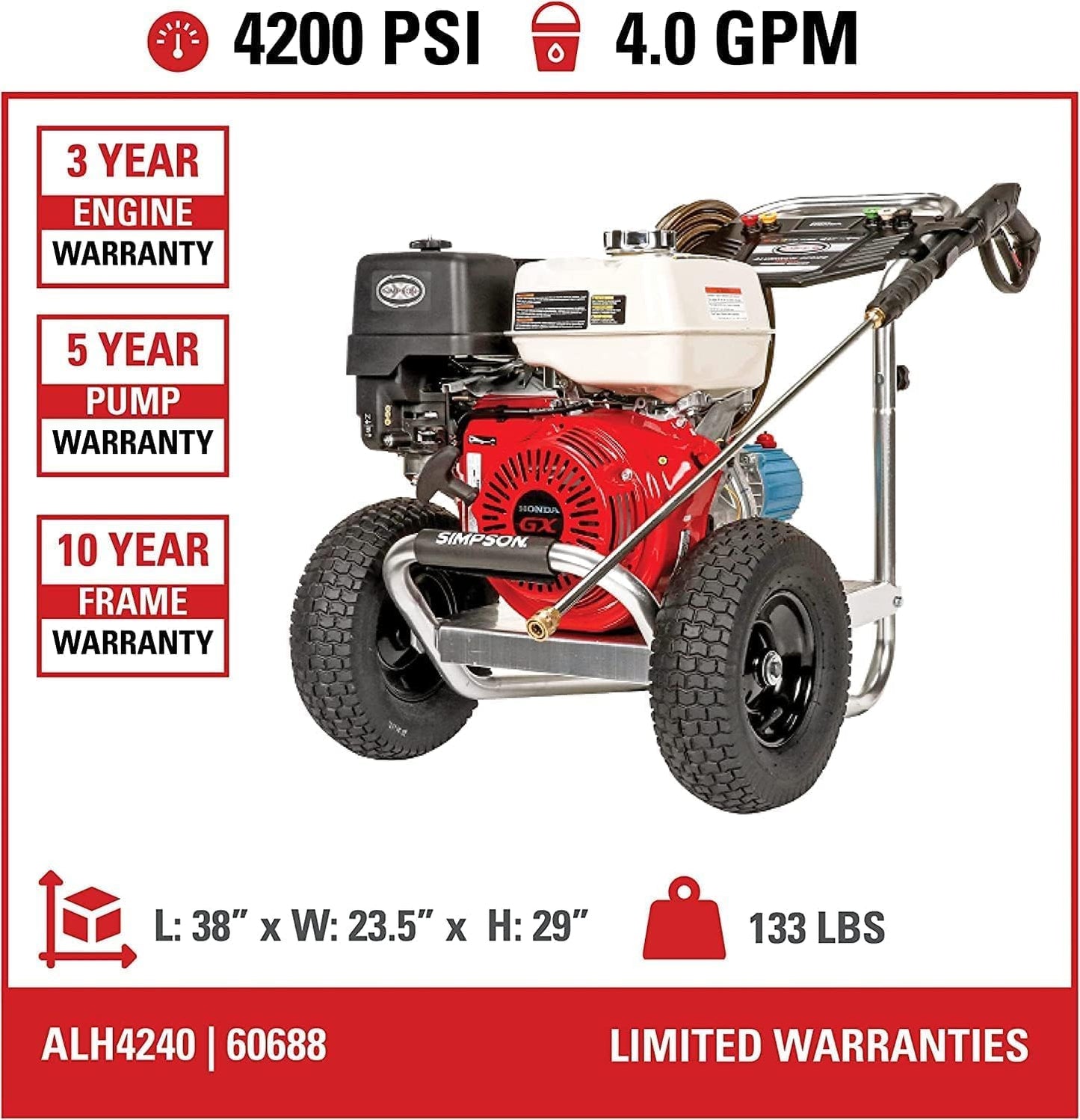 Cleaning ALH3425 Aluminum Series 3600 PSI Gas Pressure Washer, 2.5 GPM, Honda GX200 Engine, Includes Spray Gun and Extension Wand, 5 QC Nozzle Tips, 5/16-inch x 35-foot MorFlex Hose.