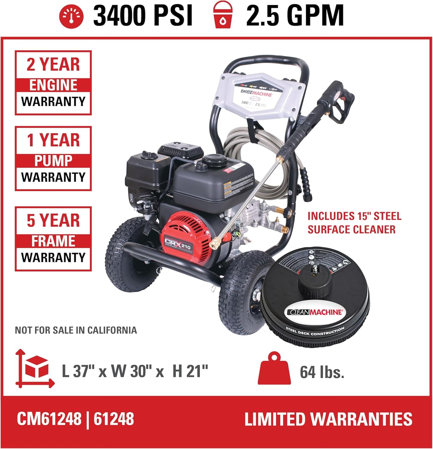 Cleaning CM61083 Clean Machine 3400 PSI Gas Pressure Washer, 2.5 GPM, CRX Engine, Includes Spray Gun and Wand, 4 QC Nozzle Tips, 5/16-in. x 25-ft. MorFlex Hose.
