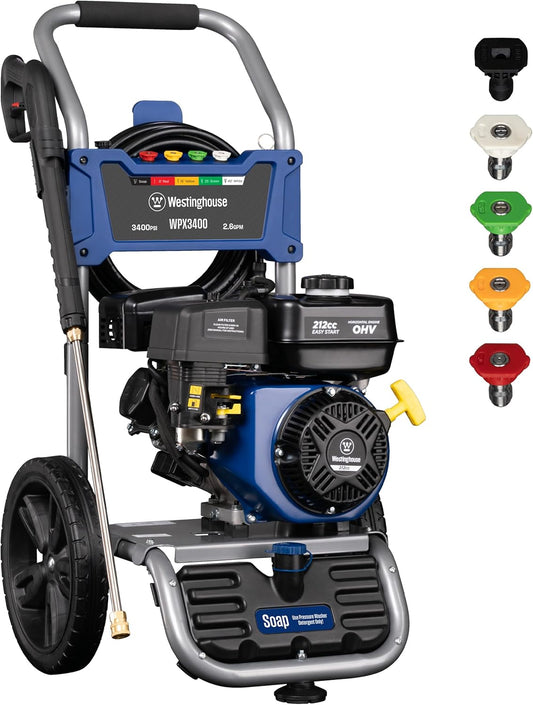 WPX3400 Gas Pressure Washer, 3400 PSI and 2.6 Max GPM, Onboard Soap Tank, Spray Gun and Wand, 5 Nozzle Set, for Cars/Fences/Driveways/Homes/Patios/Furniture