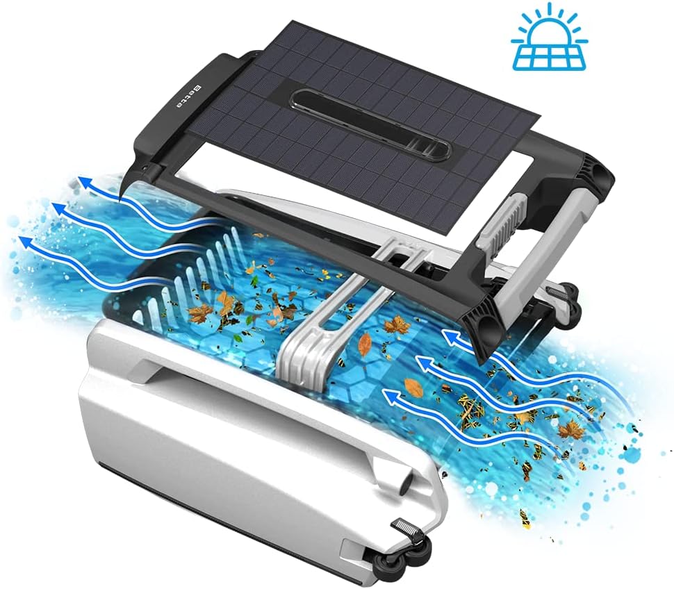 Solar Powered Automatic Robotic Pool Surface Skimmer Cleaner with 24/7 Continuous Cleaning Battery Power and Re-Engineered Twin Salt Chlorine Tolerant Motors (Blue)