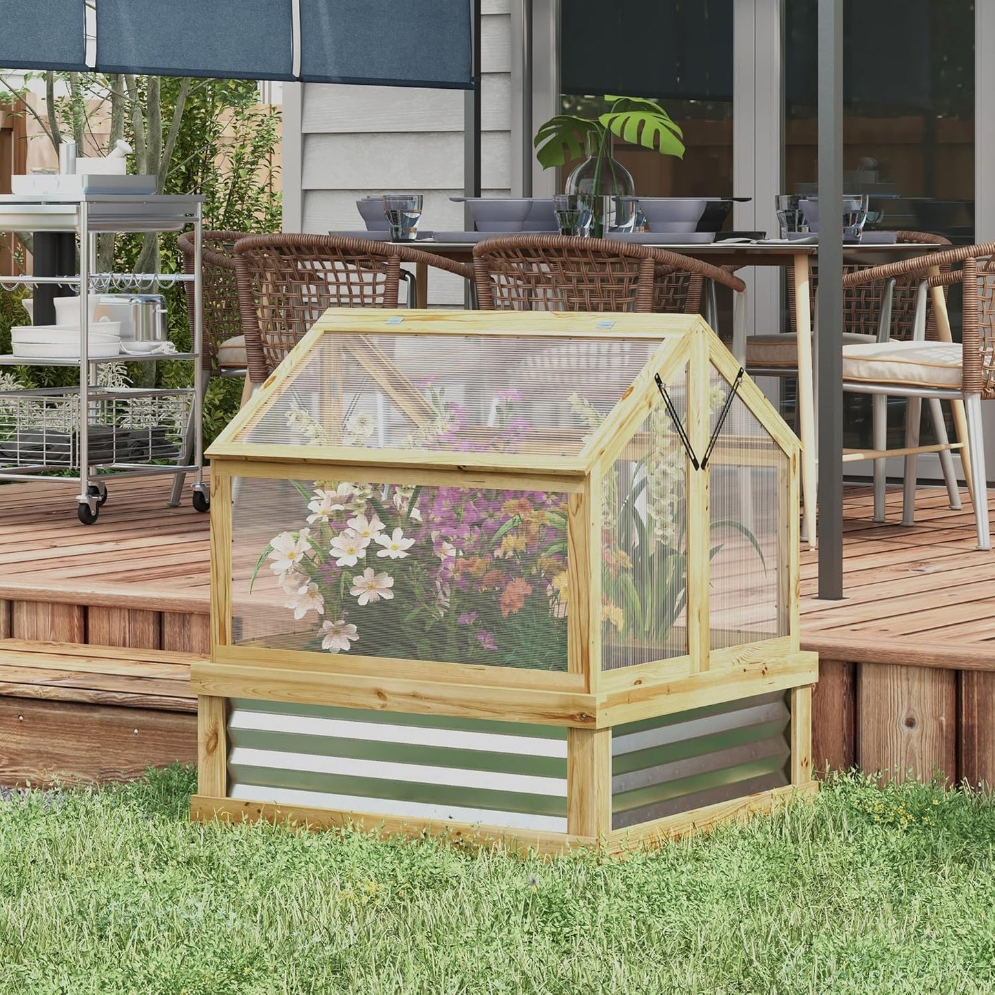 Raised Garden Bed with Polycarbonate Greenhouse, Wooden Cold Frame Greenhouse, Garden Flower Planter Protection, Peak Roof, 35.5" x 31.5" x 36", Natural