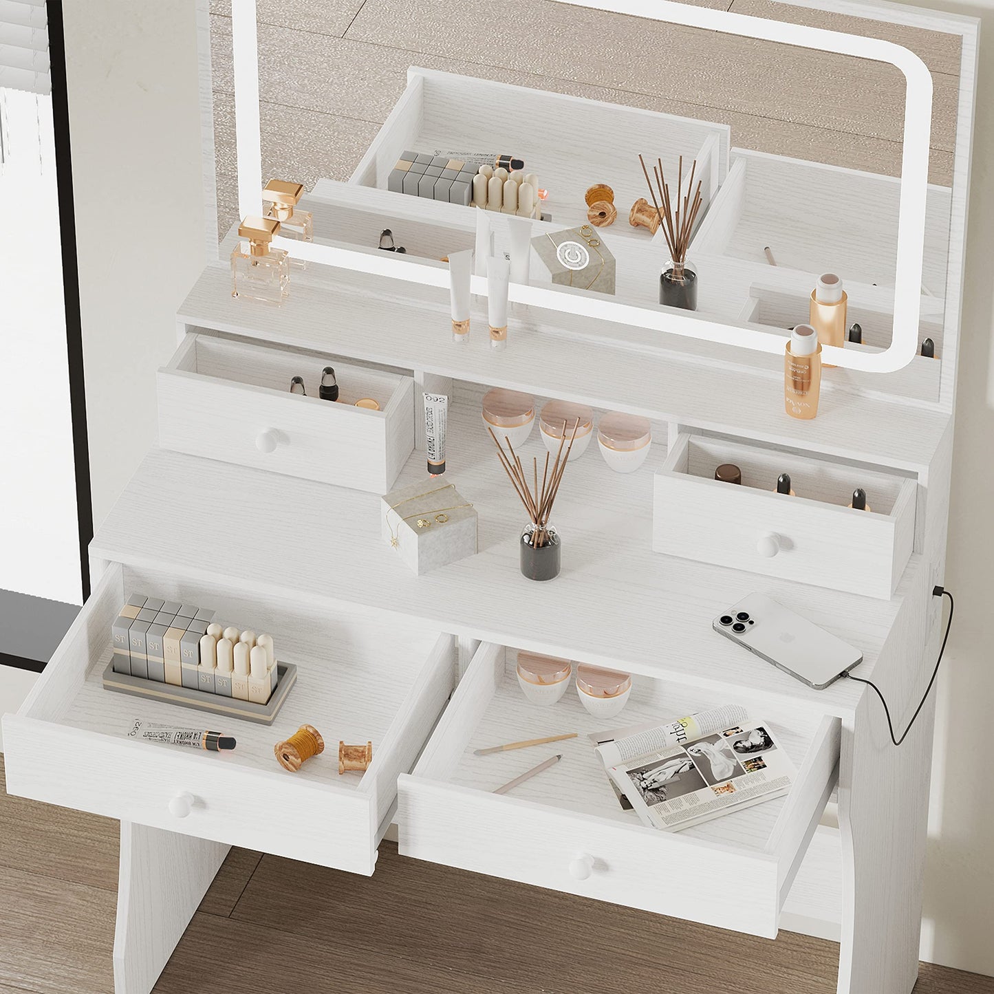IRONCK Vanity Desk Set with LED Lighted Mirror & Power Outlet