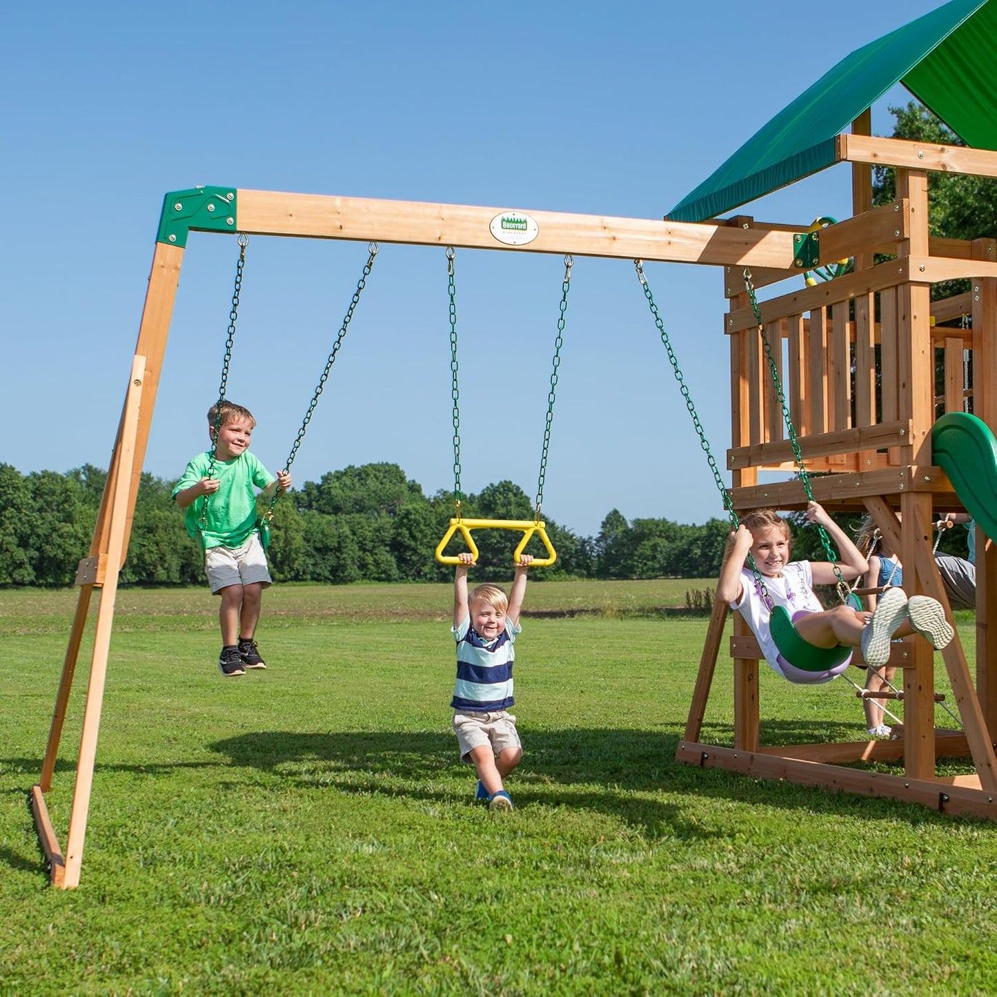 Cedar Wood Swing Set with Wave Slide, Play Deck, Double Rock Wall, Rope Ladder, Web Swing, Belt Swings, Toy Telescope, Steering Wheel, Sandbox Area, Outdoor Playset