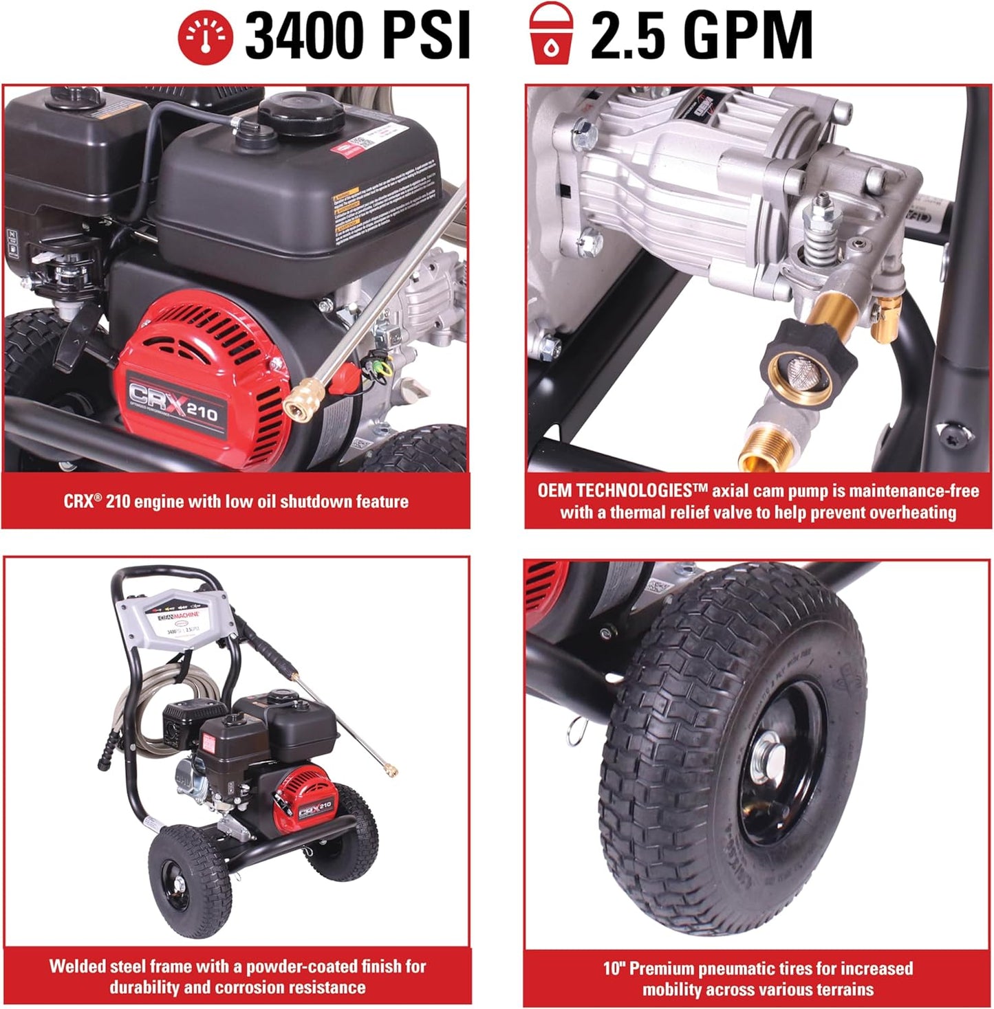 Cleaning CM61083 Clean Machine 3400 PSI Gas Pressure Washer, 2.5 GPM, CRX Engine, Includes Spray Gun and Wand, 4 QC Nozzle Tips, 5/16-in. x 25-ft. MorFlex Hose.