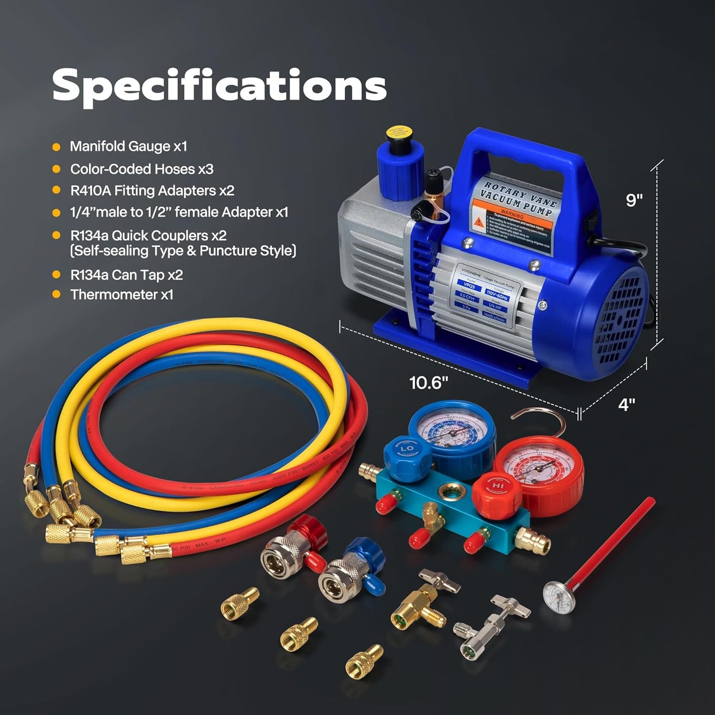 110V 1/4 HP 3.5CFM Single Stage Rotary Vane Air Vacuum Pump and AC Manifold Gauge Set Kit with Thermometer for R134a R12 R22 R502 R410a HVAC Air Conditioning Refrigeration Recharging Red