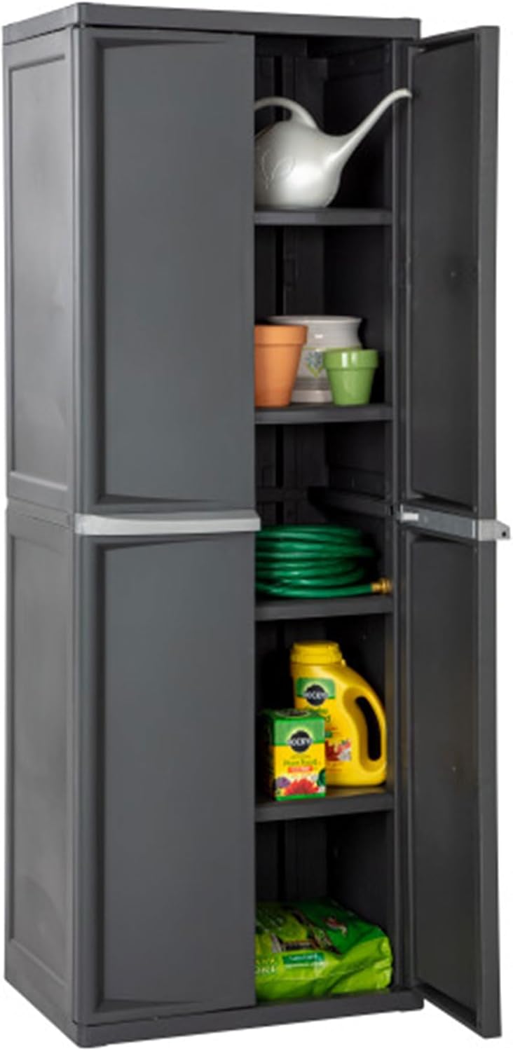 Storage Cabinet, Rugged Plastic Garage Organizer with Double Doors, 4 Adjustable Shelves, Gray