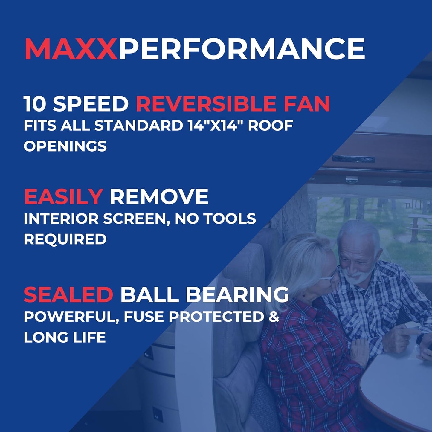 Deluxe - All-In-One RV Vent, Shield & Fan; Built-In Rain Shield, 10 Speed Reversible Fan with Thermostat, Fits Standard 14"x14" Roof Openings, 12V Long Life Motor, White (00-05100K)