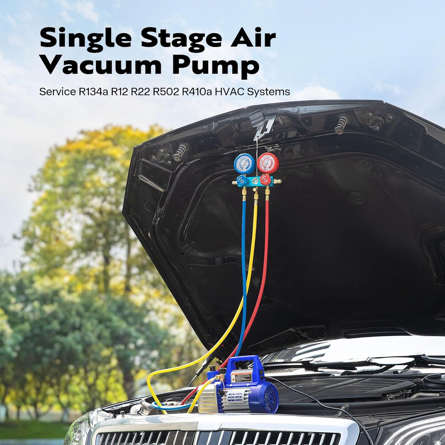 110V 1/4 HP 3.5CFM Single Stage Rotary Vane Air Vacuum Pump and AC Manifold Gauge Set Kit with Thermometer for R134a R12 R22 R502 R410a HVAC Air Conditioning Refrigeration Recharging Red