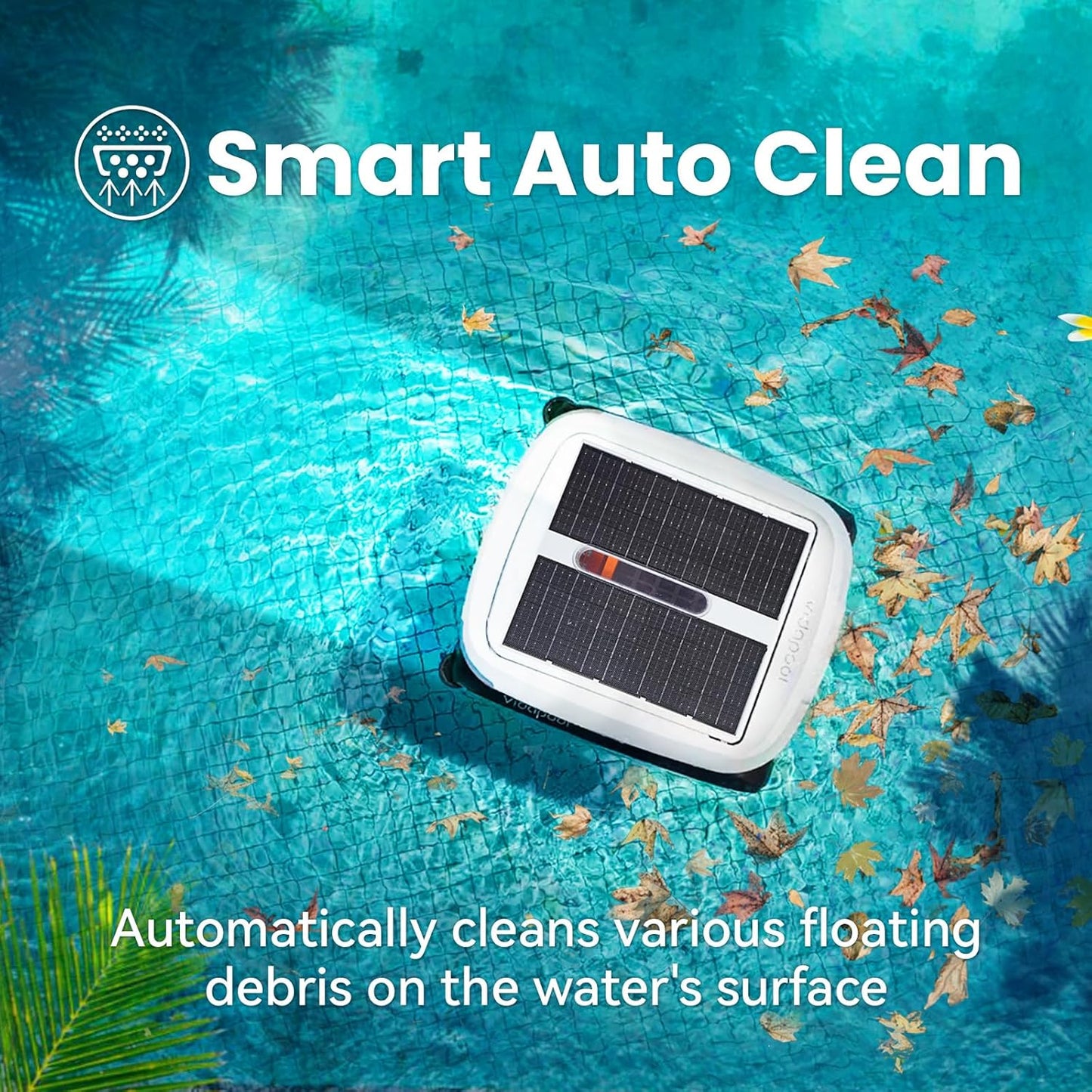 Solar Powered Automatic Robotic Pool Skimmer Cleaner,Solar Pool Surface Cleaner Dual Mode with Obstacle Avoidance Daytime 锛� Overnight Continuous Cleaning Ideal for All Swimming Pool-White
