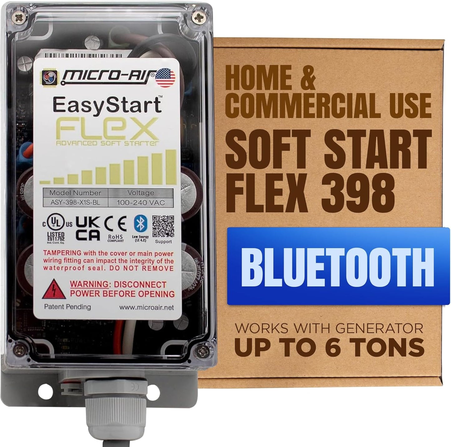 EasyStart FLEX 398 - Bluetooth Soft Start Kit for Home Air Conditioner, RV & Commercial Use, Works with Generators, Reduces Power Surge, Efficient Start-Up - Up to 6 Tons w/Installation Kit