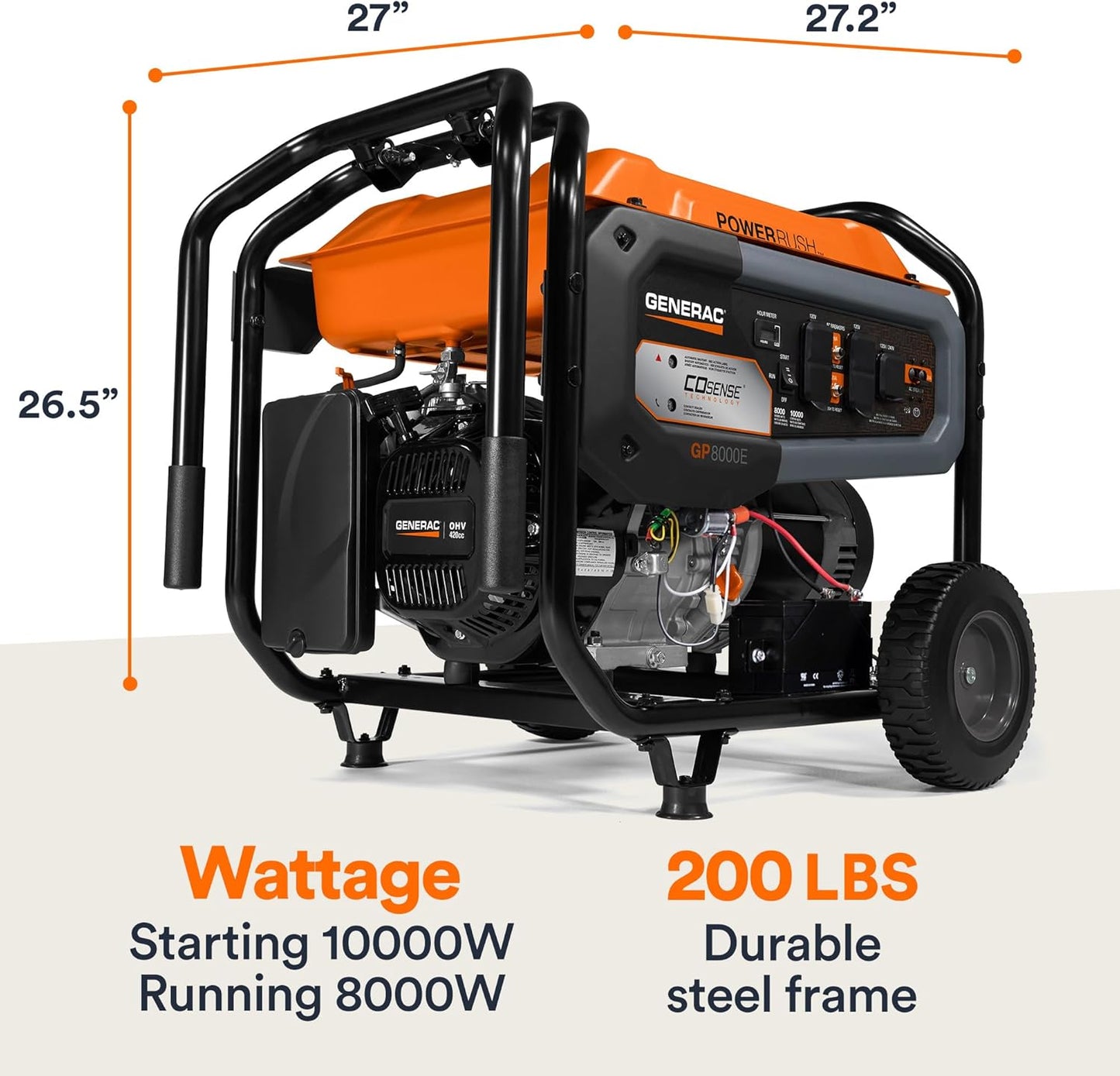 8,000-Watt Gas-Powered Portable Generator - Electric Start with COsense - PowerRush Advanced Technology - Reliable Power for Emergencies, Recreation, Home - 49 State Compliant - Orange/Black