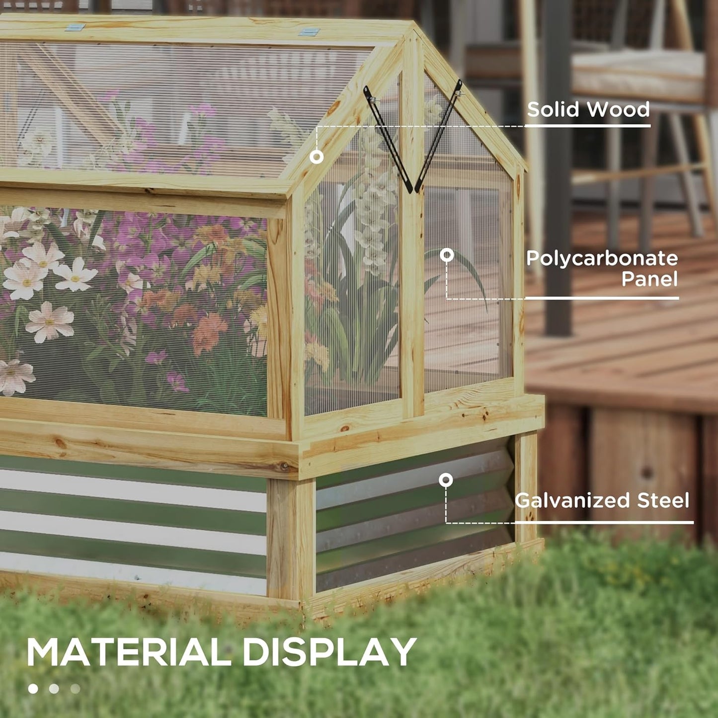 Raised Garden Bed with Polycarbonate Greenhouse, Wooden Cold Frame Greenhouse, Garden Flower Planter Protection, Peak Roof, 35.5" x 31.5" x 36", Natural