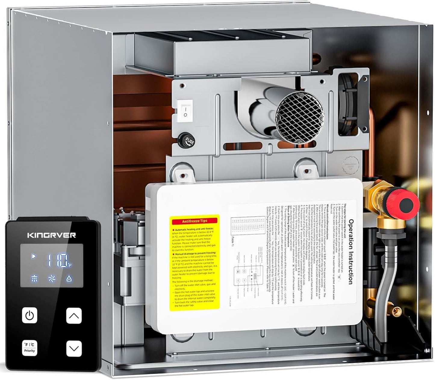 RV Tankless Water Heater without Door, , Propane Gas, DC 12V, 3 Optional Door Sizes 15"x15", 15"x18" and 18"x18" for Refitment, Compatible with All RVs, Sufficient Power, High Altitude