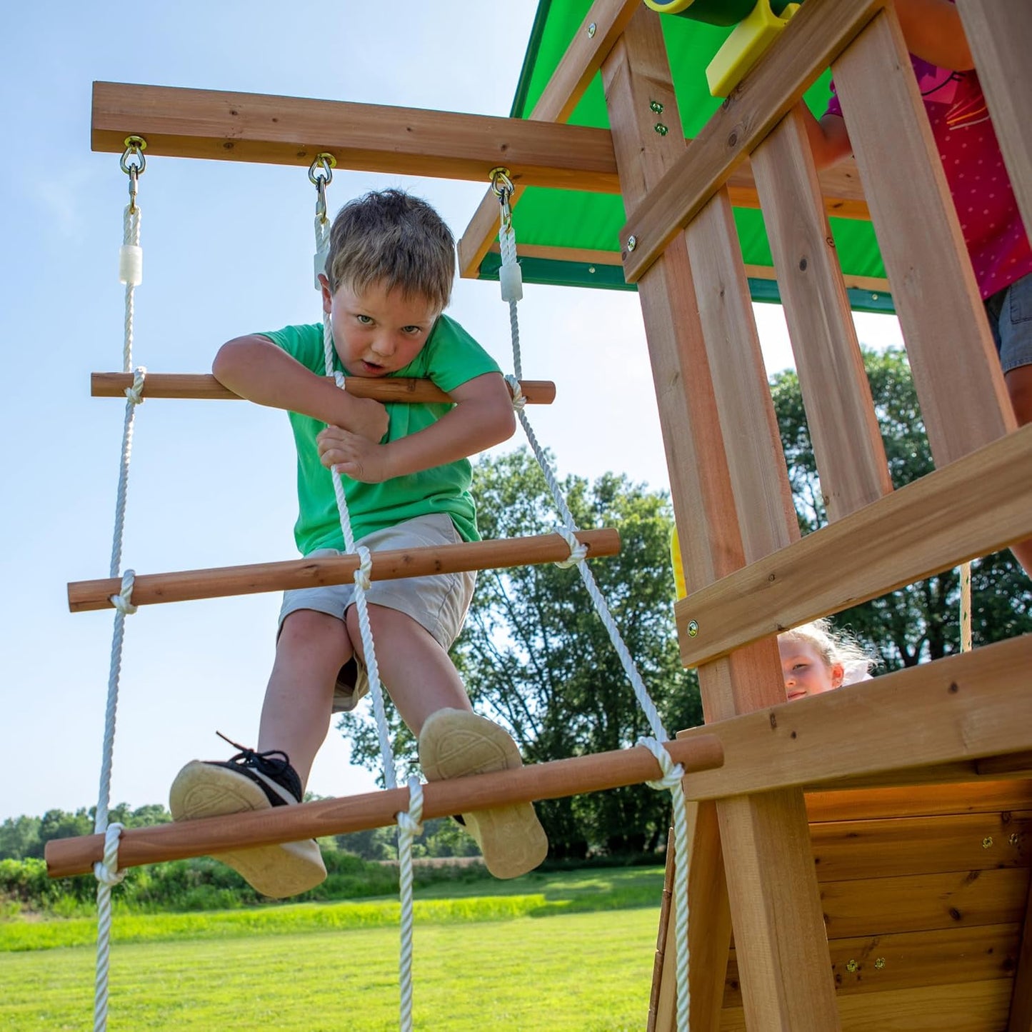 Cedar Wood Swing Set with Wave Slide, Play Deck, Double Rock Wall, Rope Ladder, Web Swing, Belt Swings, Toy Telescope, Steering Wheel, Sandbox Area, Outdoor Playset