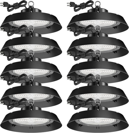 200-watt, 10 sets of UFO lamps, LED ceiling lights, 28,000 lumens, 5000K LED ceiling lights, 5-foot cable, can replace 650-watt metal halide/hot mercury lamps, suitable for gyms, factories, barns and warehouses.