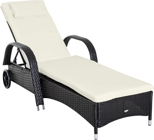Wicker Outdoor Chaise Lounge, 5-Level Adjustable Backrest PE Rattan Pool Lounge Chair with Wheels, Cushion & Headrest, Brown and Dark Blue