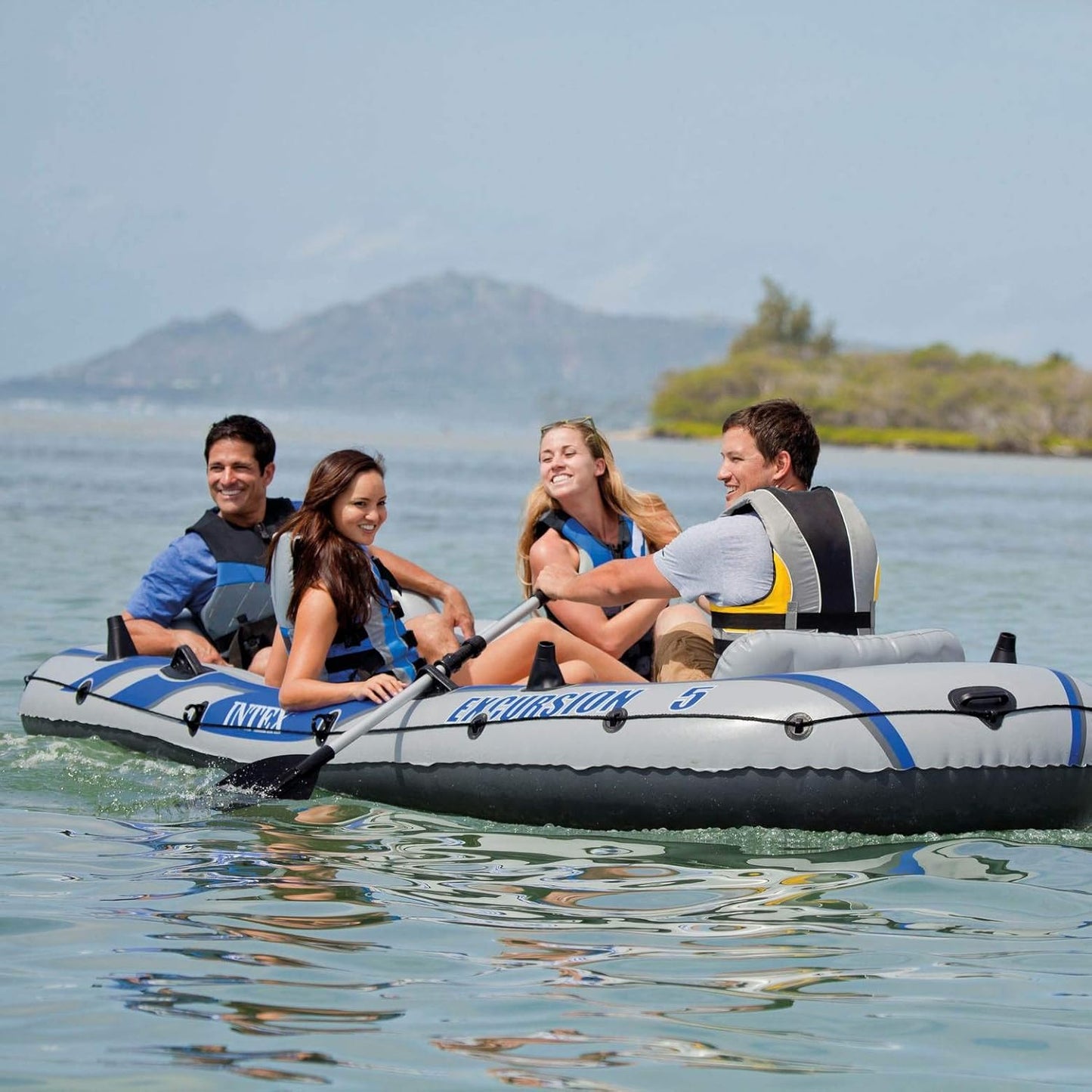 Excursion Inflatable Boat Series: Includes Deluxe 54in Boat Oars and High-Output Pump �� SuperTough PVC �� Adjustable Seats with Backrest �� Fishing Rod Holders �� Welded Oar Locks