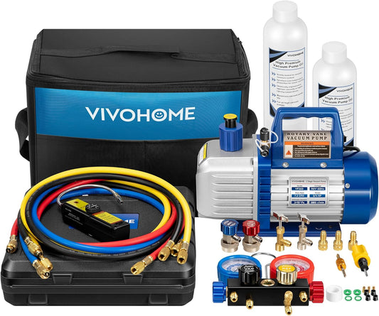 110V 1/4 HP 3.5CFM Single Stage Rotary Vane Air Vacuum Pump and AC Manifold Gauge Set Kit with Thermometer for R134a R12 R22 R502 R410a HVAC Air Conditioning Refrigeration Recharging Red