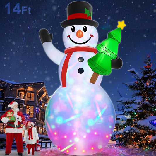 14 Ft by 7.5 Ft Large Christmas Inflatables Snowman Outdoor Decorations Build-in Rotating Colorful Light, Huge Snowman Inflatable with Christmas Tree & Hat Blow Up Yard Decor for Lawn Garden Outside