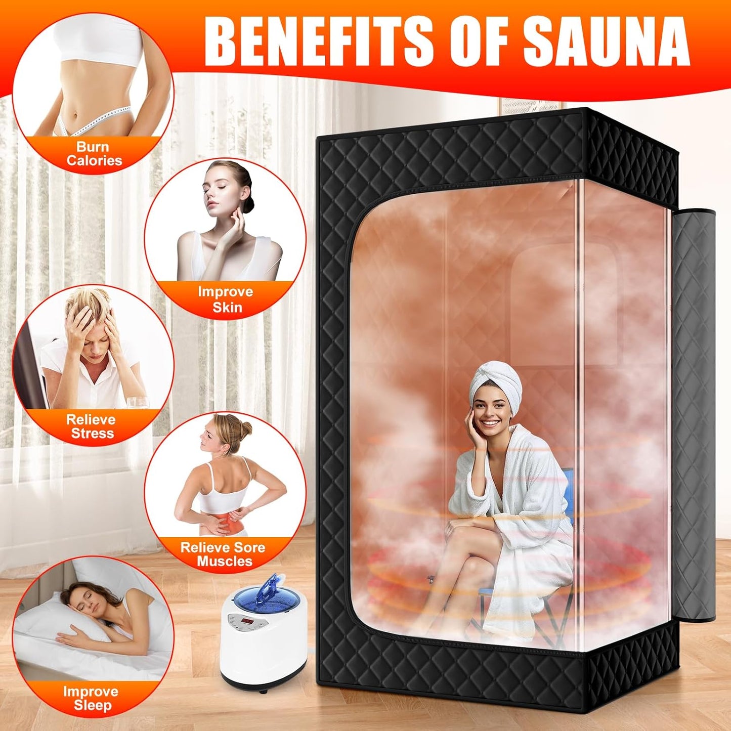 Upgraded Sauna Box for Relaxation, Detoxification, Portable Steam Sauna for Home with Steamer, 9 Levels, 2.6�� x 2.6�� x 5.9��