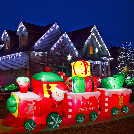 10 FT Christmas Inflatables Train with Santa Claus Christmas Trees Built-in LED Lights Blow Up Christmas Decor for Christmas Party Holiday Outdoor Garden Lawn Yard Decorations