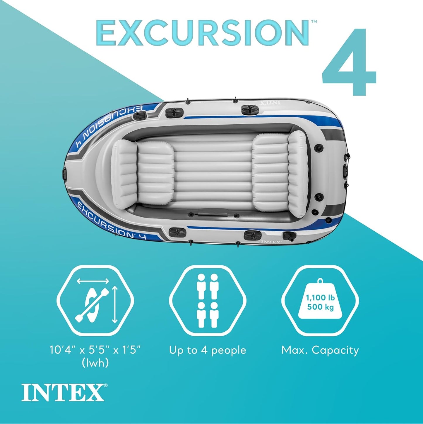 Excursion Inflatable Boat Series: Includes Deluxe 54in Boat Oars and High-Output Pump �� SuperTough PVC �� Adjustable Seats with Backrest �� Fishing Rod Holders �� Welded Oar Locks