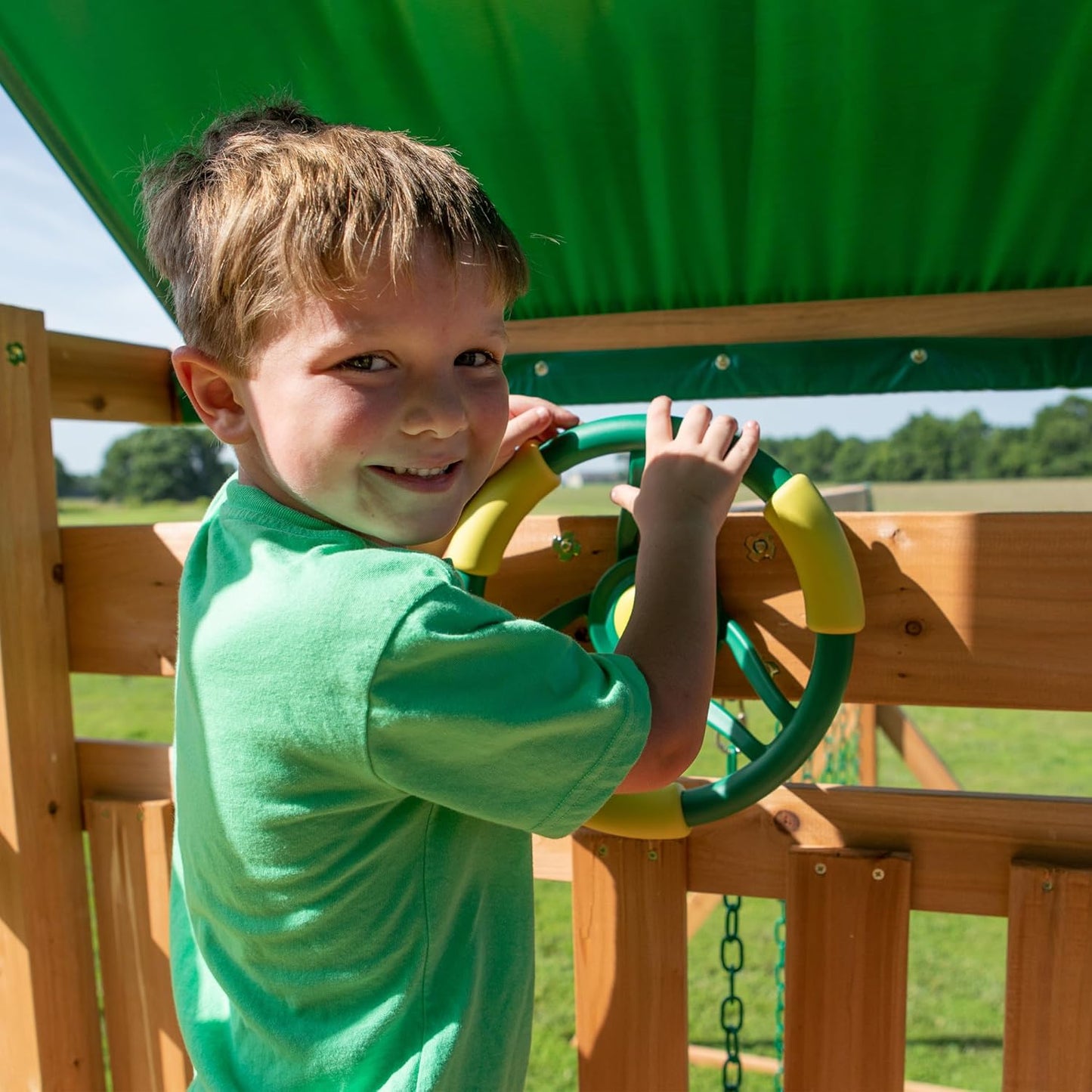 Cedar Wood Swing Set with Wave Slide, Play Deck, Double Rock Wall, Rope Ladder, Web Swing, Belt Swings, Toy Telescope, Steering Wheel, Sandbox Area, Outdoor Playset
