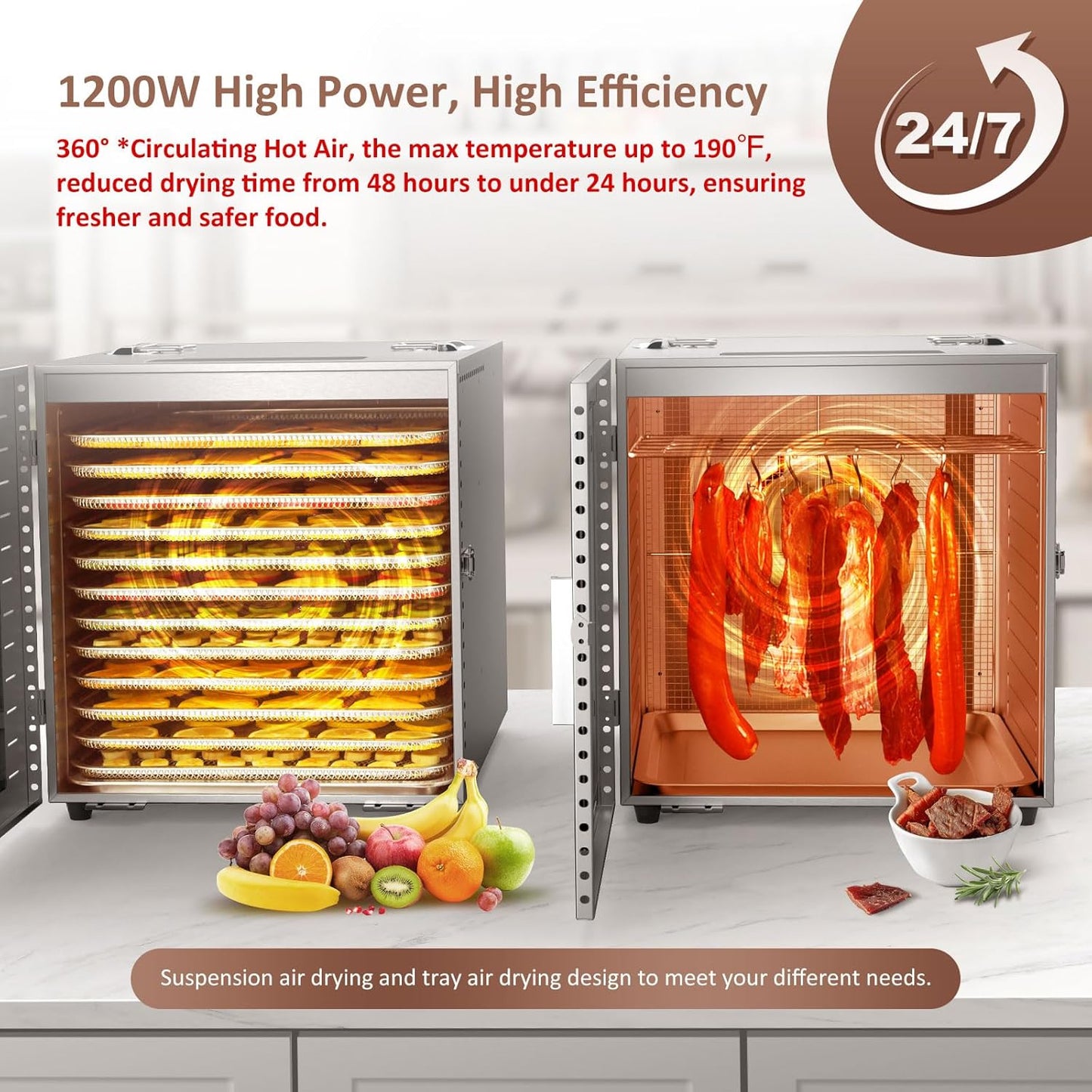 Commercial Large 12 Trays Food Dehydrator, Usable Area up to 22.67ft, 1200W Full Stainless Steel Dryer Machine, up to 190�� Temperature, for Meat, Fruit, Veggies, Beef, Herbs, Pet Foods