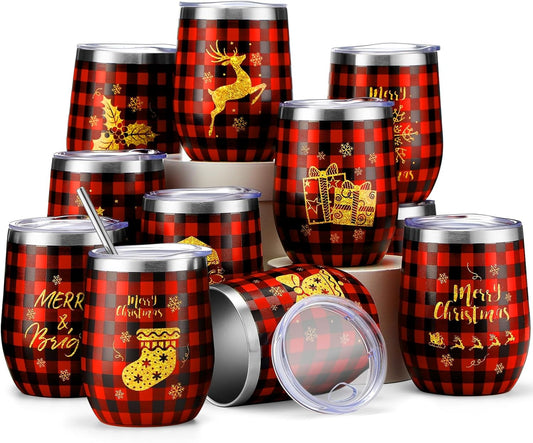 12-piece Christmas wine glass set, 12-ounce stainless steel double-layer vacuum insulated coffee cup without handle, with lid, straw, brush, suitable for women and men as gifts for travel (description)